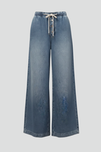 Women's light blue wide leg jeans with an elastic drawstring waist