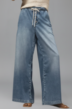 Women's wide leg jeans with an elastic drawstring waist, front view