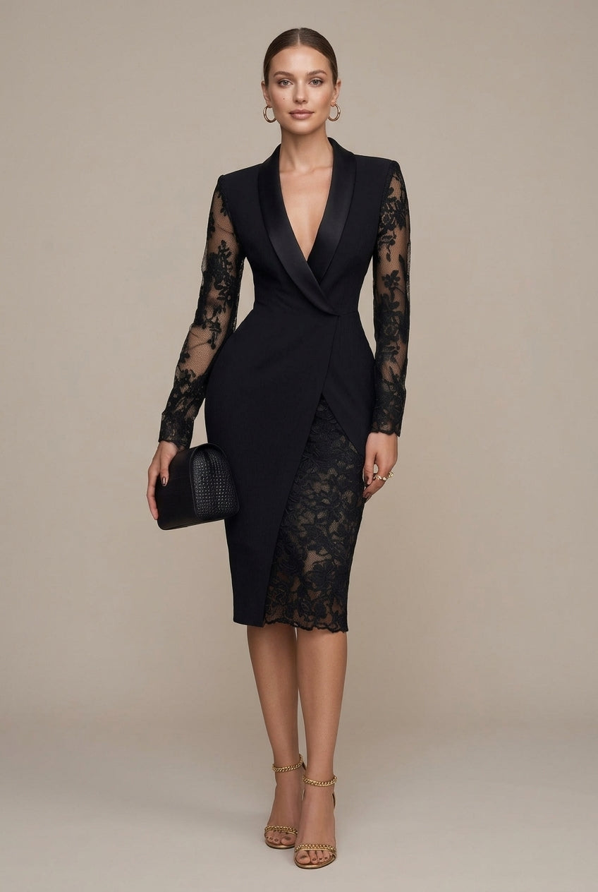 Women's black blazer midi dress with sheer lace sleeves and shawl collar