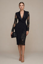 Women's black blazer midi dress with sheer lace sleeves and shawl collar