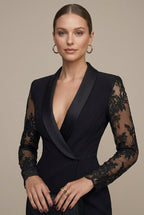 Women's black blazer midi dress with sheer lace sleeves and shawl collar