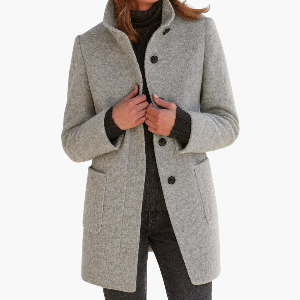 Women's grey stand collar wool blend coat for the autumn commute