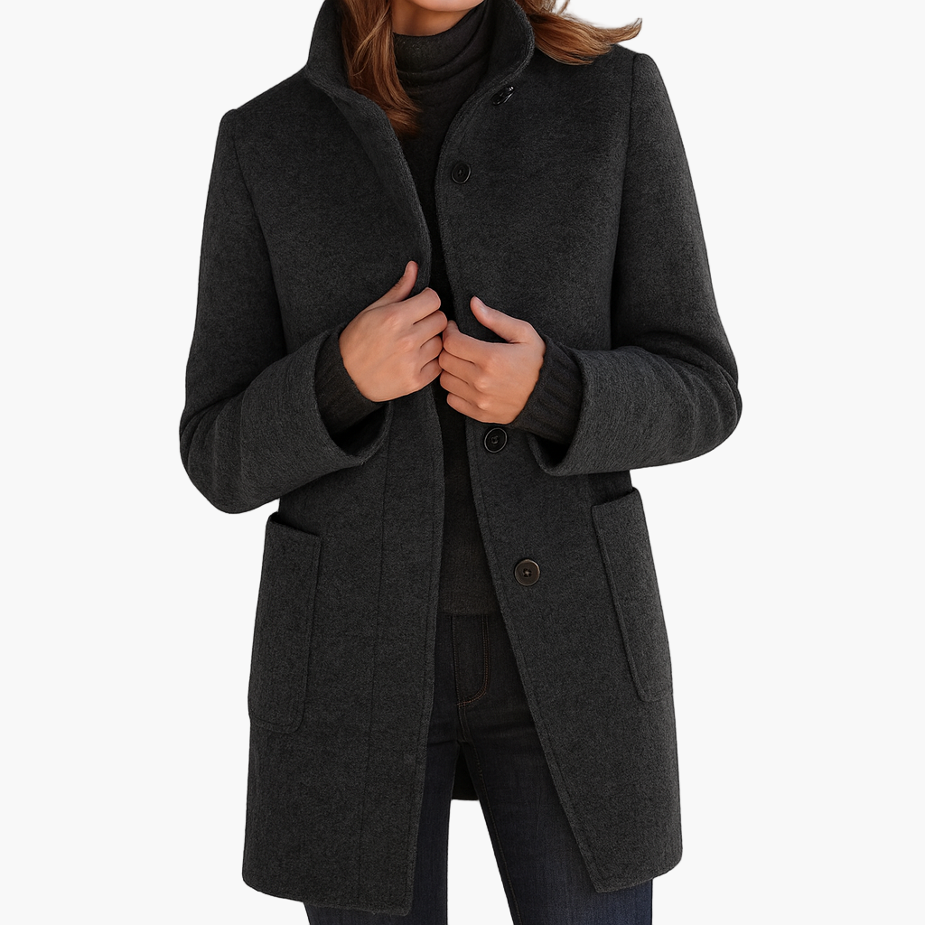 Women's grey stand collar wool blend coat for the autumn commute