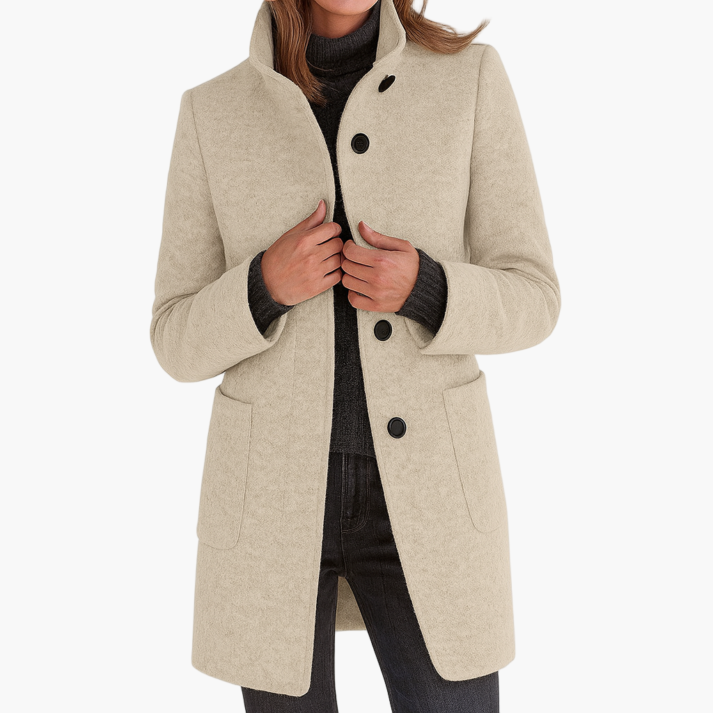 Women's blue stand collar wool blend coat for the autumn commute