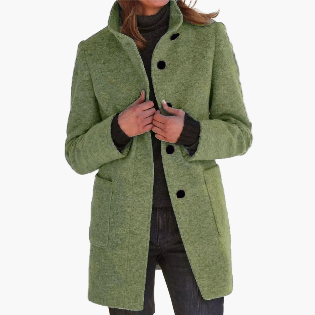 Women's blue stand collar wool blend coat for the autumn commute