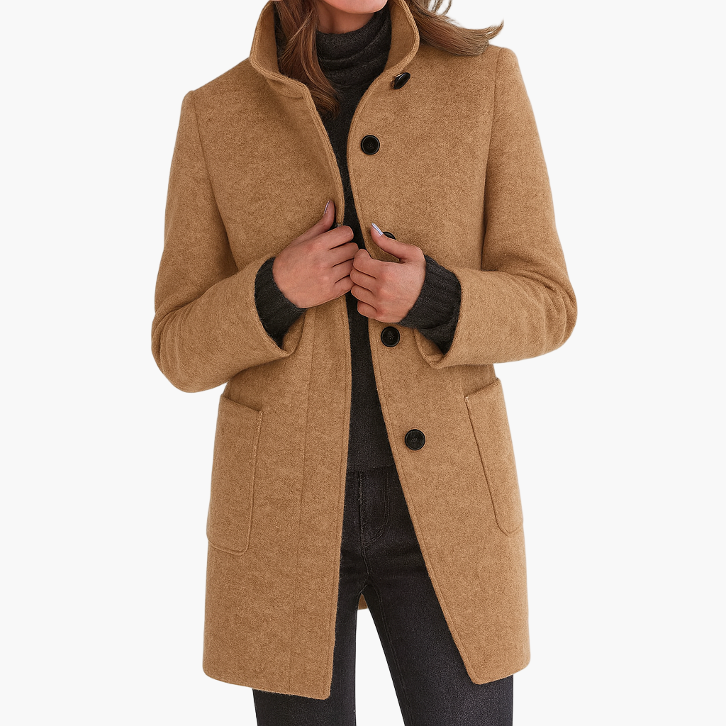 Women's grey stand collar wool blend coat for the autumn commute