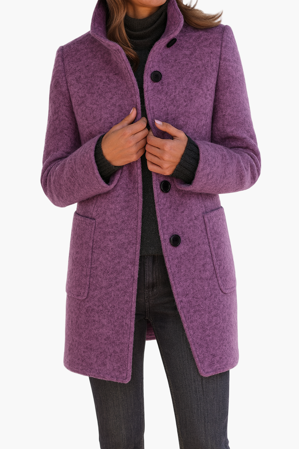 Women's grey stand collar wool blend coat for the autumn commute