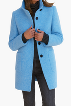 Women's blue stand collar wool blend coat for the autumn commute
