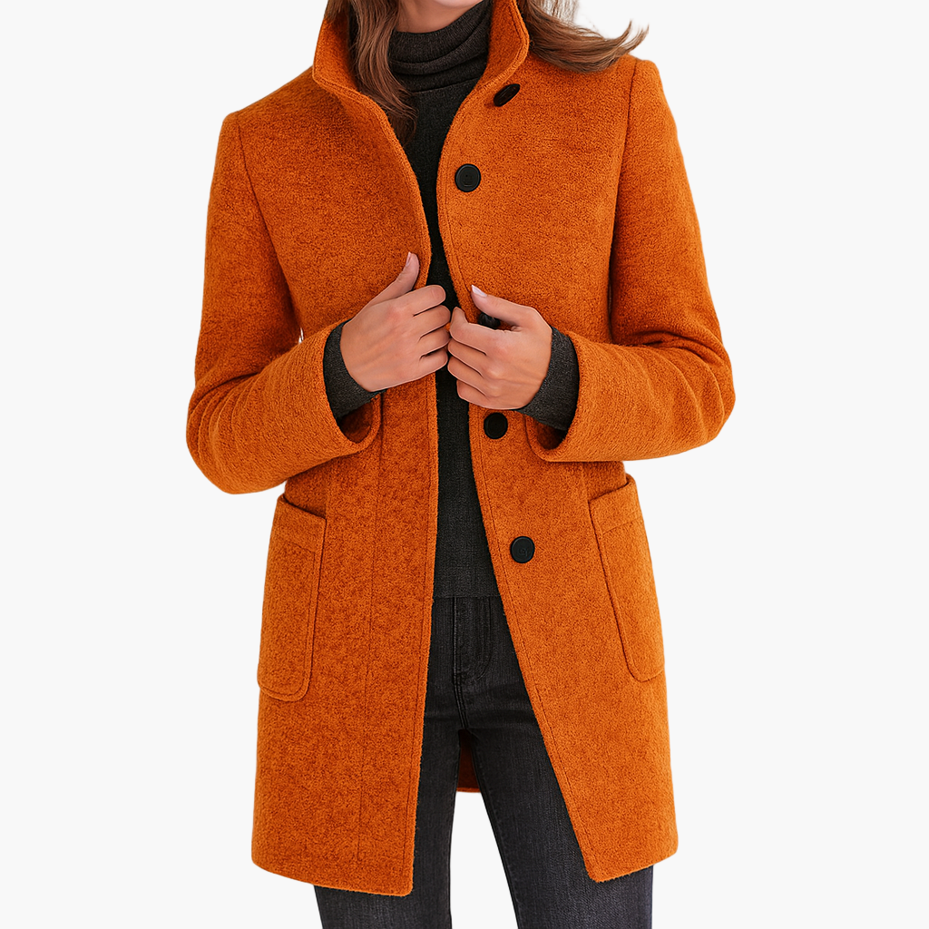 Women's blue stand collar wool blend coat for the autumn commute