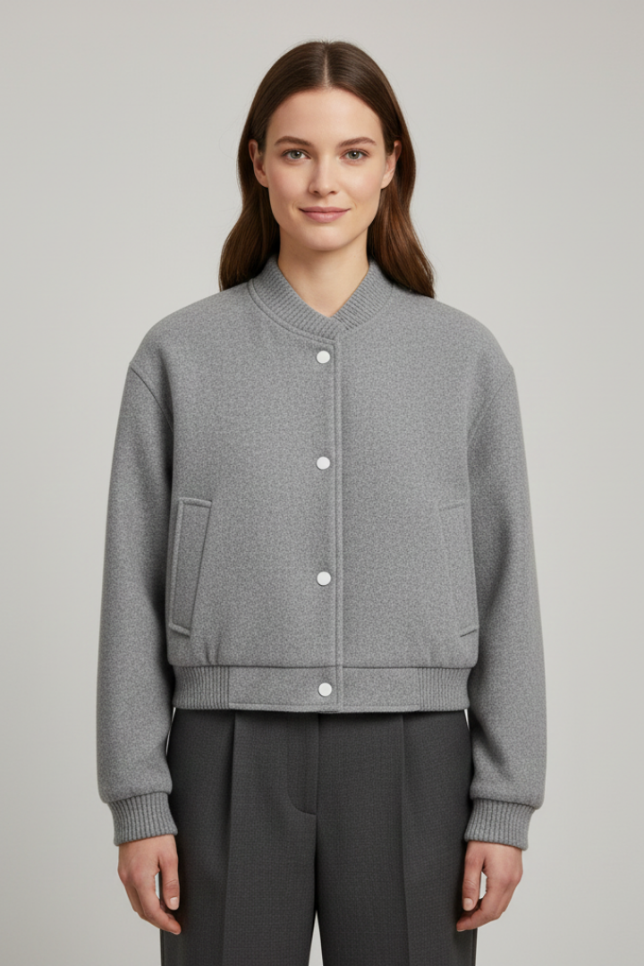 Cropped jacket with snap fastening and ribbed cuffs, product still life