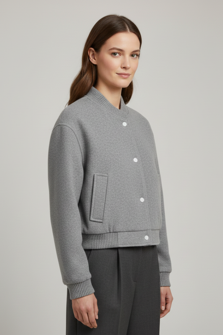 Cropped jacket with snap fastening and ribbed cuffs, product still life