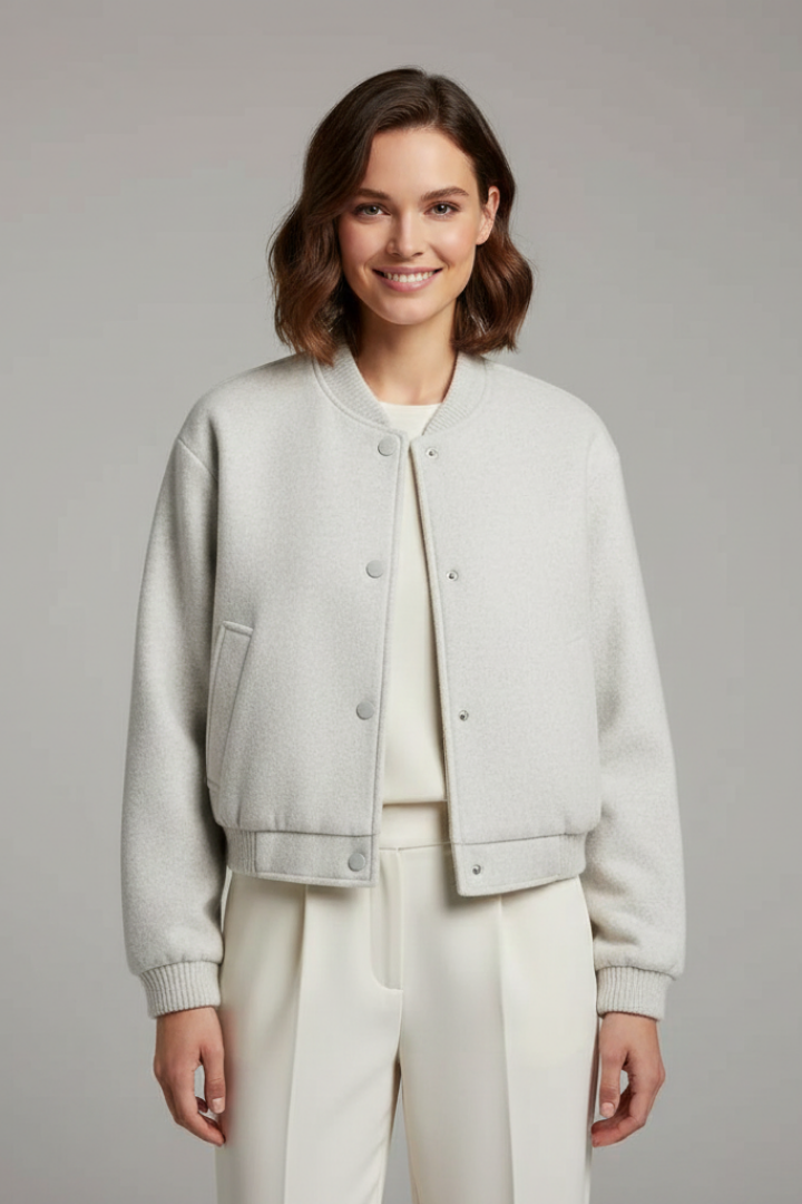 Cropped jacket with snap fastening and ribbed cuffs, product still life