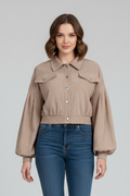 Cropped zip-up jacket with stand collar