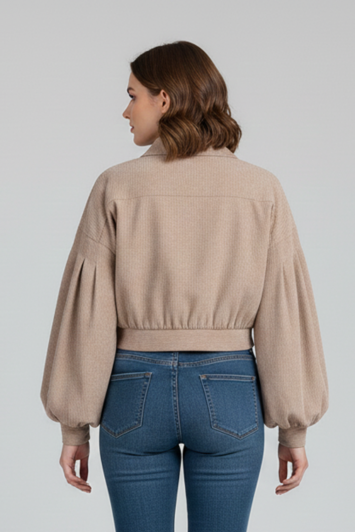 Cropped zip-up jacket with stand collar