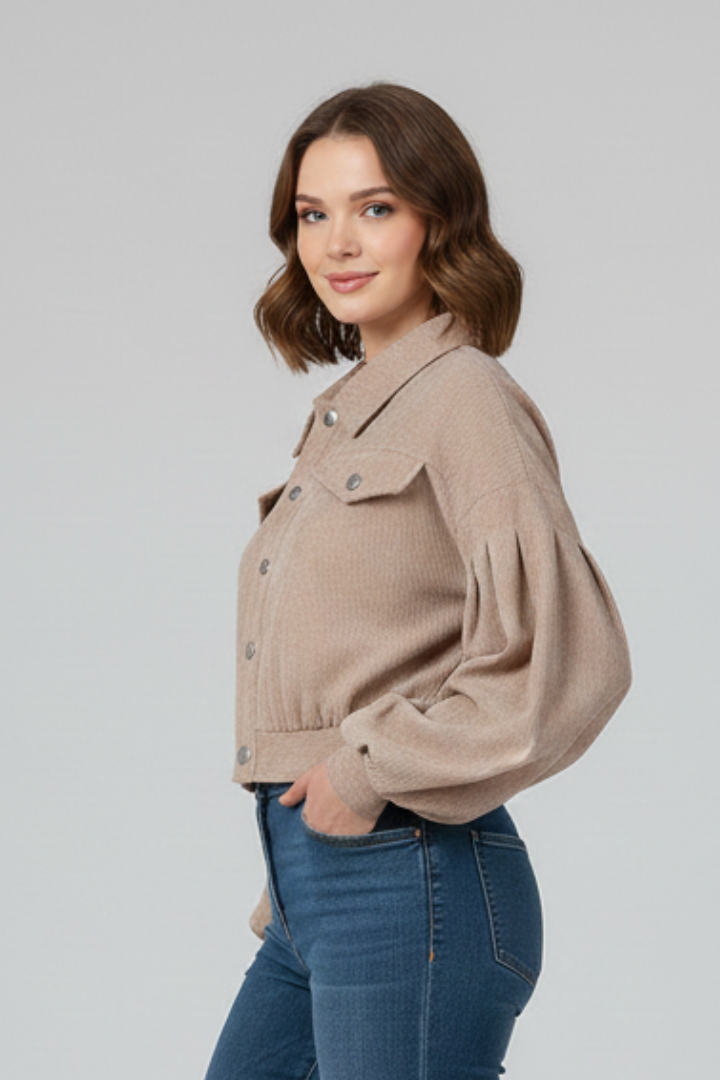 Cropped zip-up jacket with stand collar