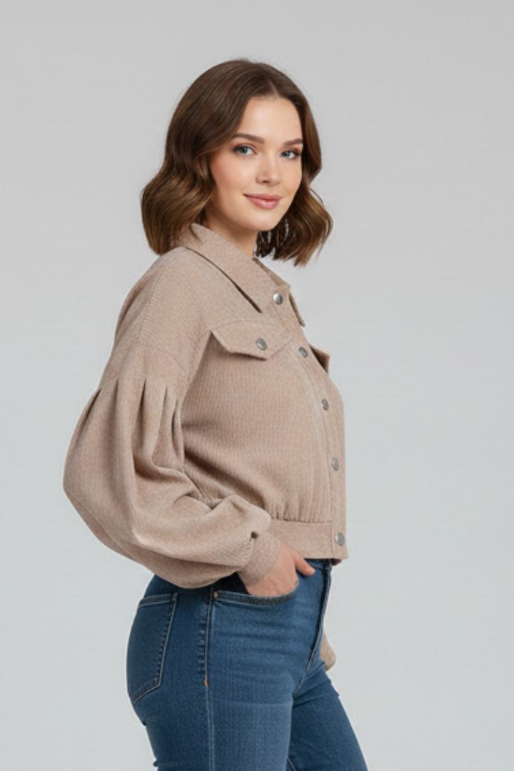 Cropped zip-up jacket with stand collar