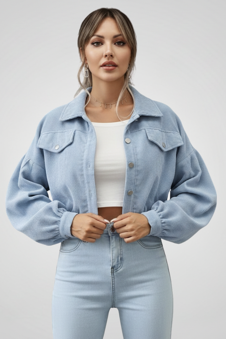 Cropped zip-up jacket with stand collar