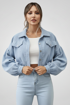 Cropped zip-up jacket with stand collar