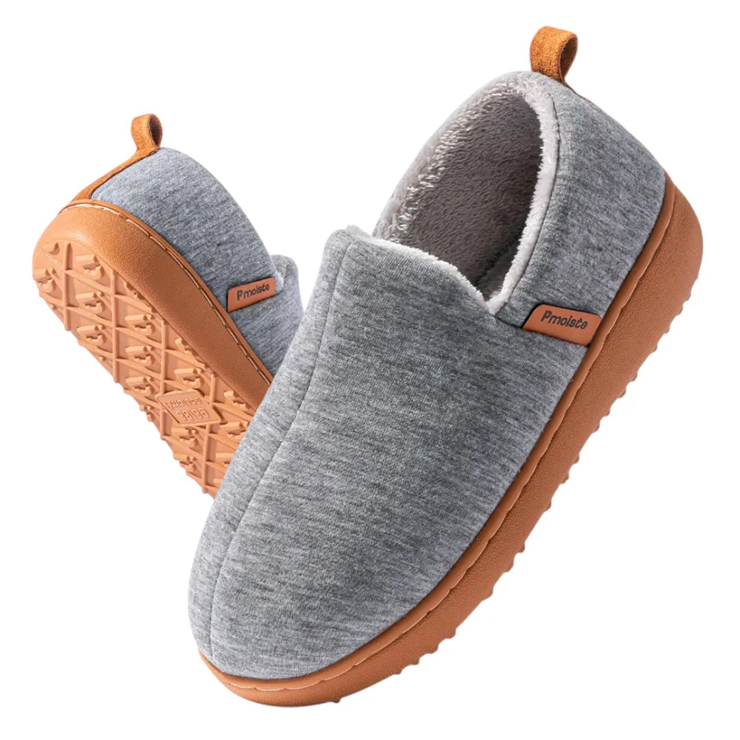 Fleece-lined slippers with cushioned footbed and hard outsole, product still life