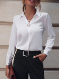 Women's white long sleeve blouse in a slim, tailored office fit