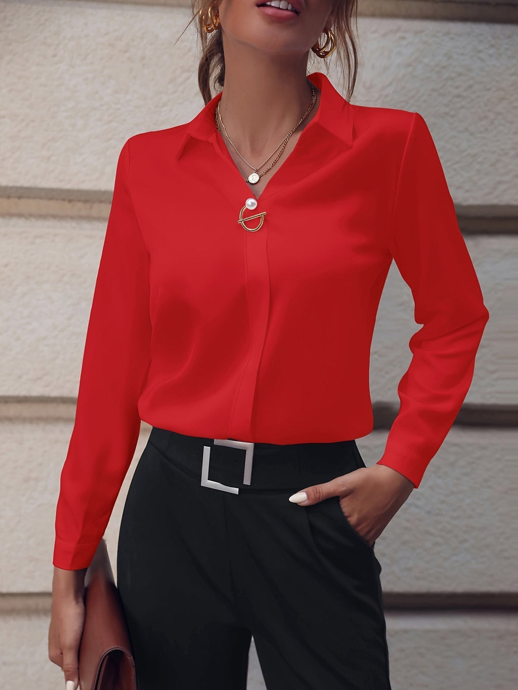 Women's white long sleeve blouse in a slim, tailored office fit