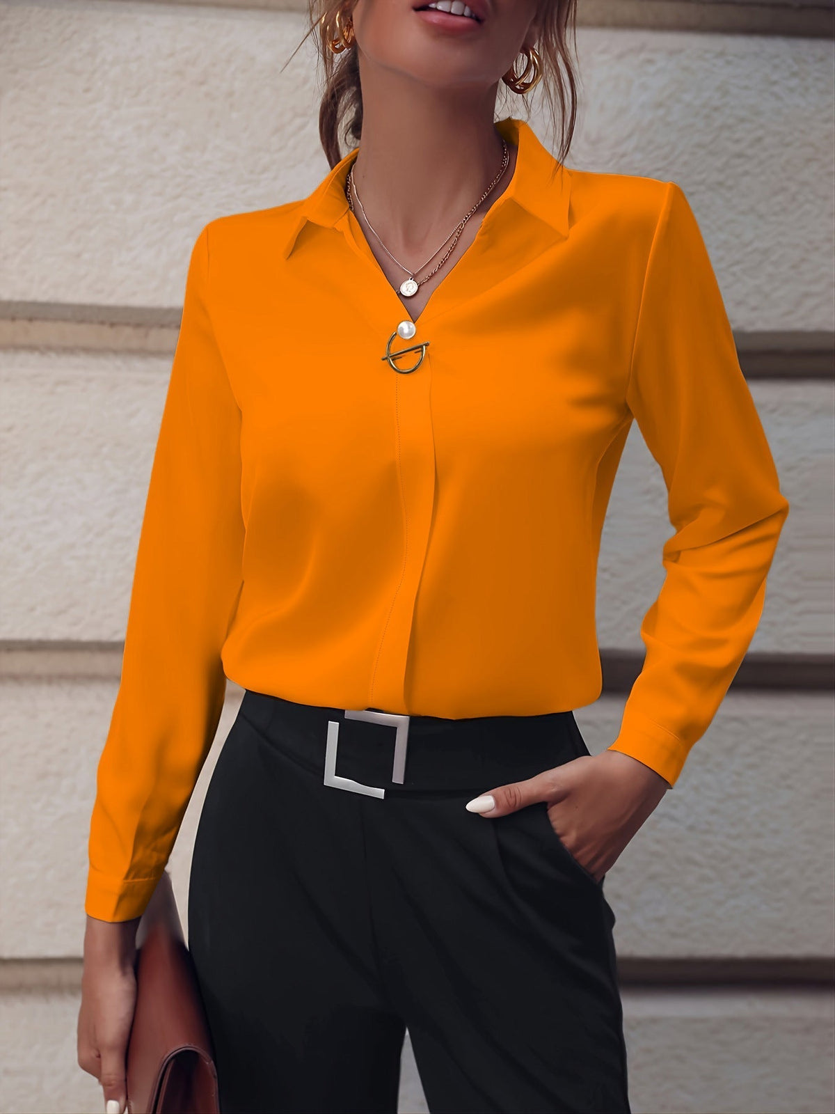 Women's white long sleeve blouse in a slim, tailored office fit