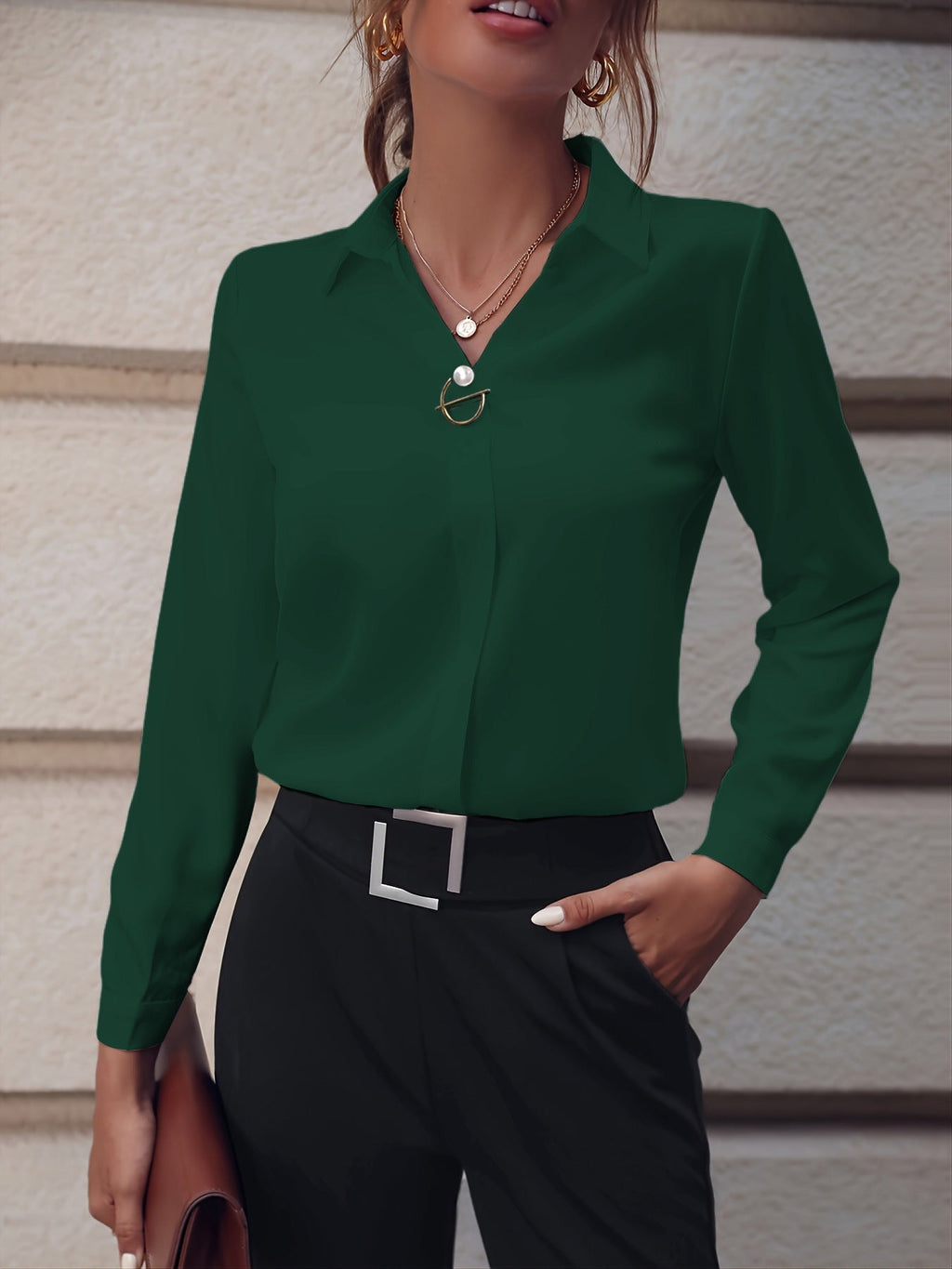 Women's white long sleeve blouse in a slim, tailored office fit