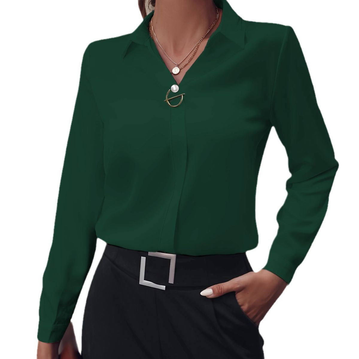 Women's black long sleeve blouse in a slim, tailored office fit