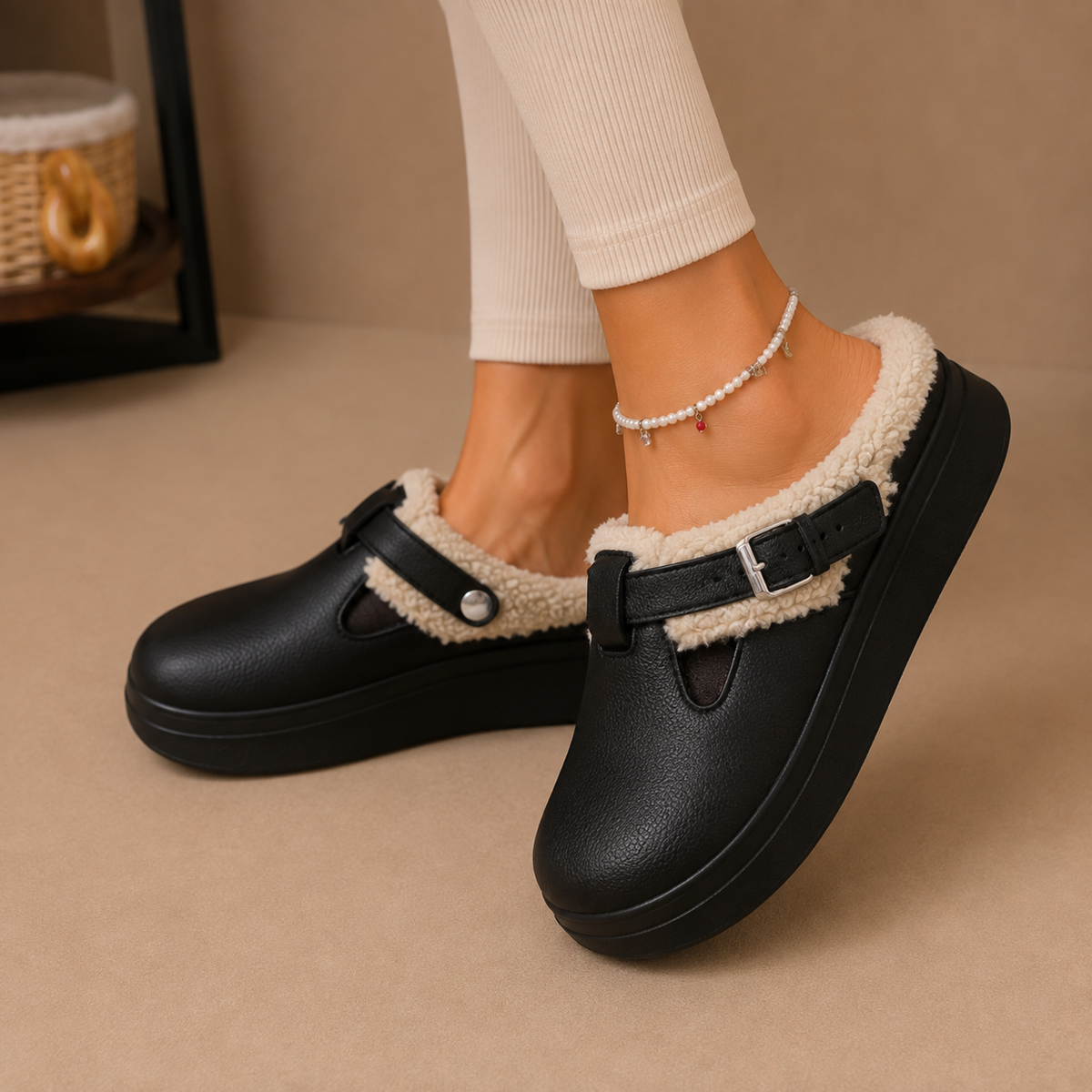 Fleece-lined slippers with cushioned footbed and buckle strap, product still life