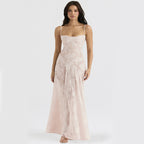 Women's black floral lace maxi dress with a sweetheart neckline