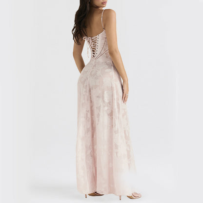 Women's black floral lace maxi dress with a sweetheart neckline
