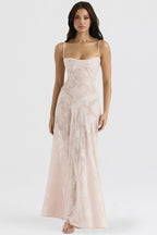 Women's pink floral lace maxi dress with a sweetheart neckline