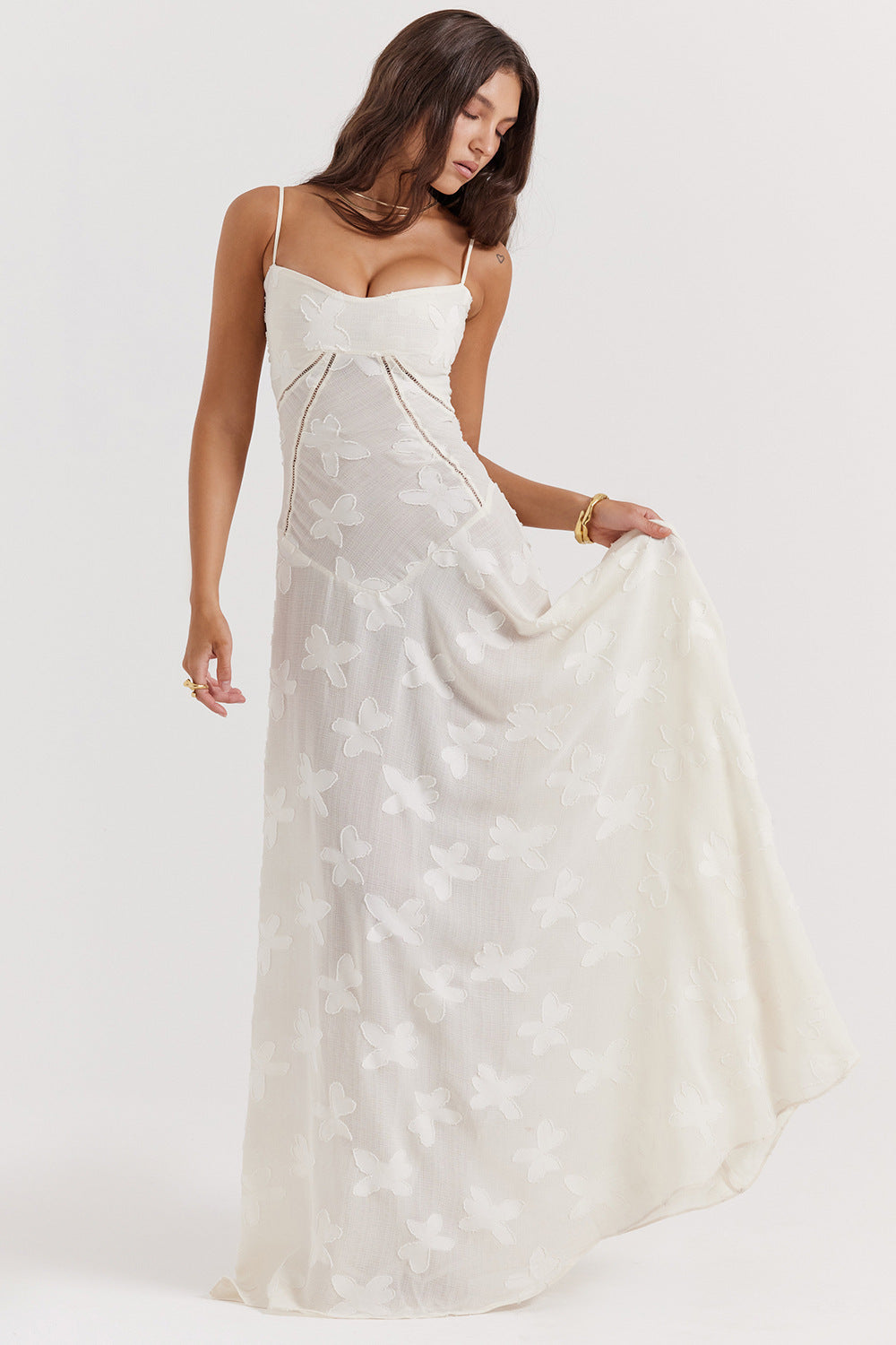Women's pink floral lace maxi dress with a sweetheart neckline