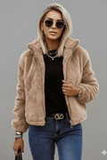 Women's textured zip-up jacket with stand collar, product photo