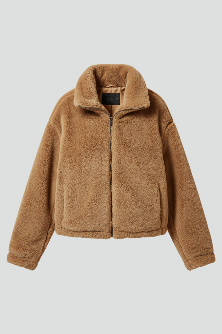 Women's textured zip-up jacket with stand collar, product photo