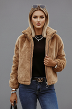 Women's textured zip-up jacket with stand collar, product photo