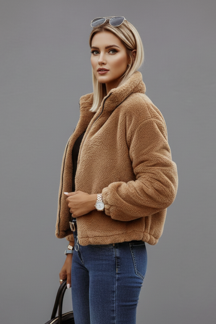 Women's textured zip-up jacket with stand collar, product photo