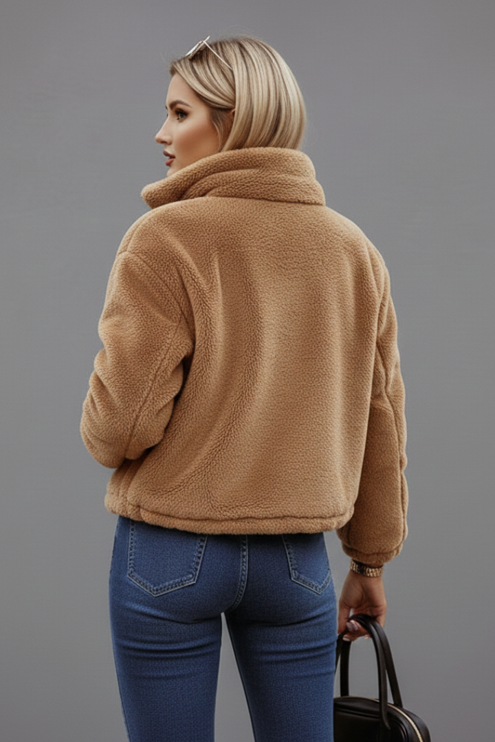 Women's textured zip-up jacket with stand collar, product photo