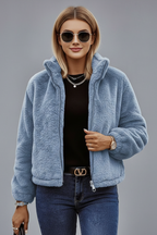 Women's textured zip-up jacket with stand collar, product photo