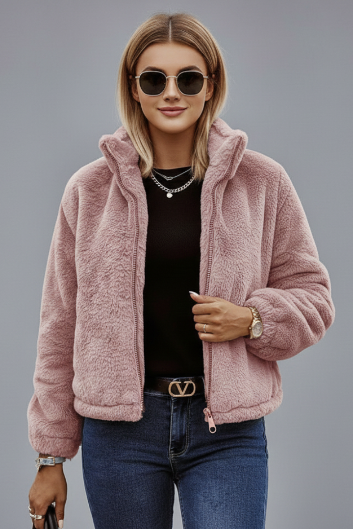Women's textured zip-up jacket with stand collar, product photo