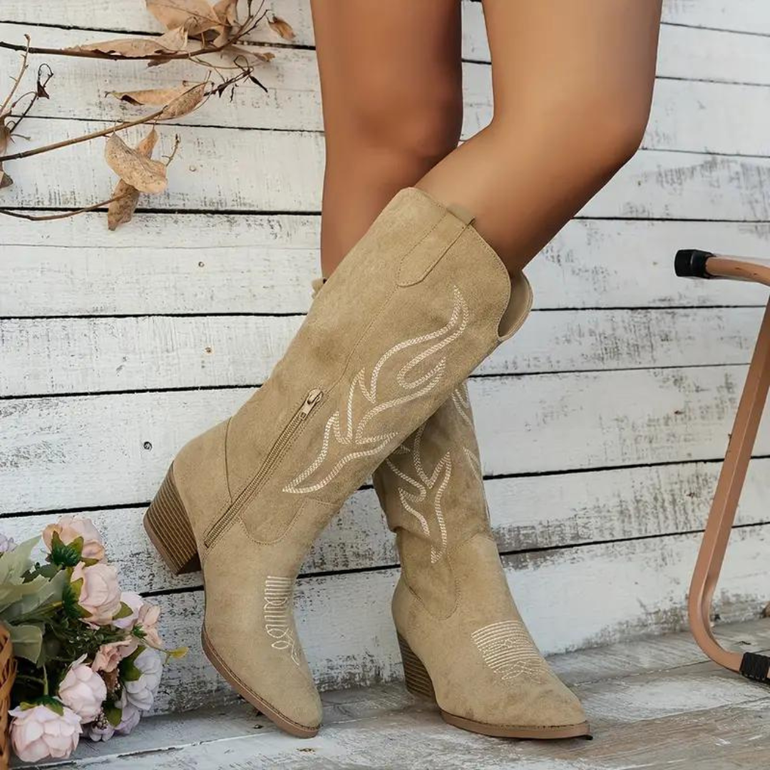 Women's sand knee high cowboy boots with vintage stitching detailing