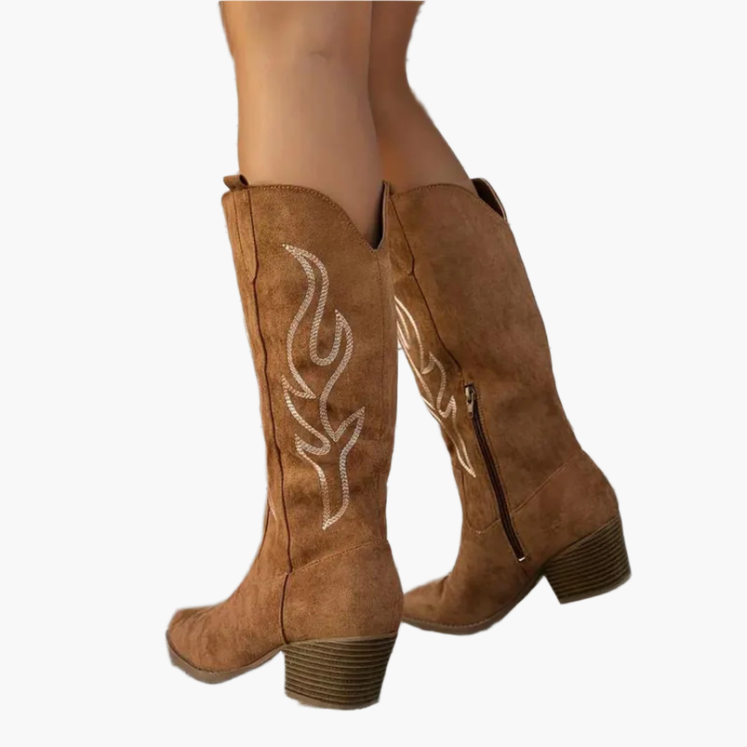 Women's sand knee high cowboy boots with vintage stitching detailing