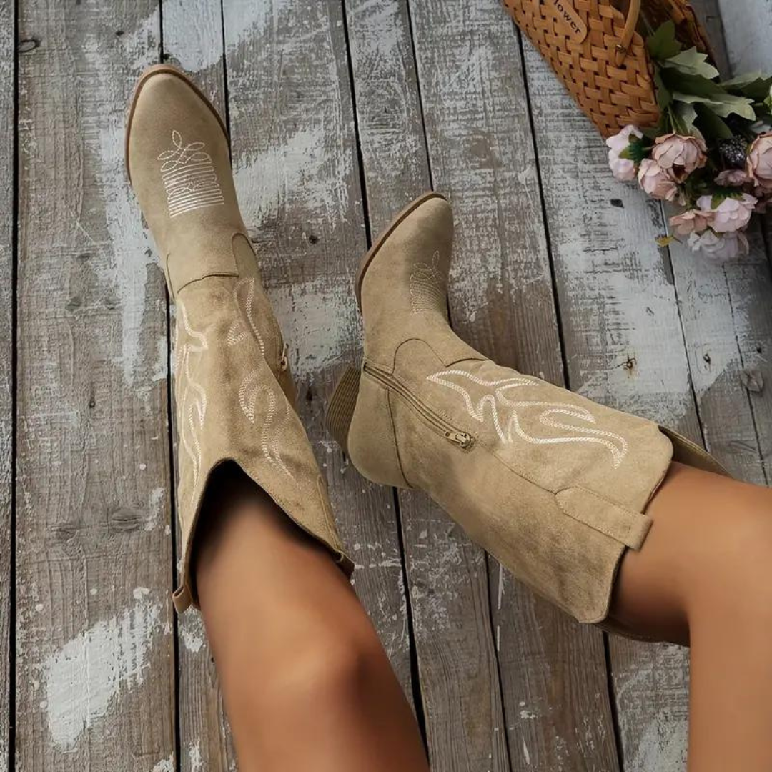 Women's sand knee high cowboy boots with vintage stitching detailing
