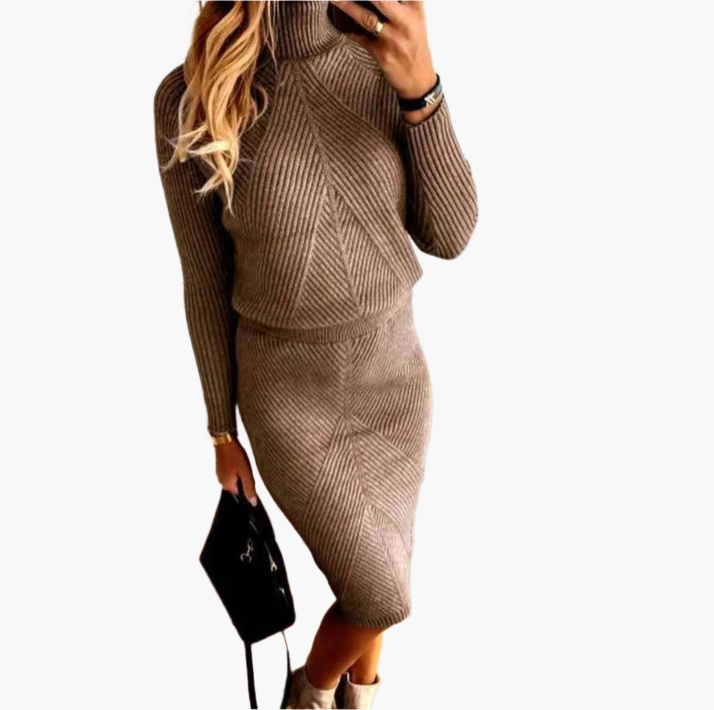Women's ribbed knit co-ord set with roll neck jumper and midi skirt in brown