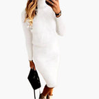 Women's ribbed knit co-ord set with roll neck jumper and midi skirt in brown