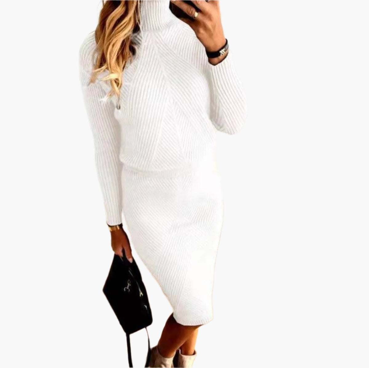 Women's ribbed knit co-ord set with roll neck jumper and midi skirt in brown