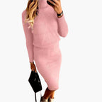 Women's ribbed knit co-ord set with roll neck jumper and midi skirt in brown