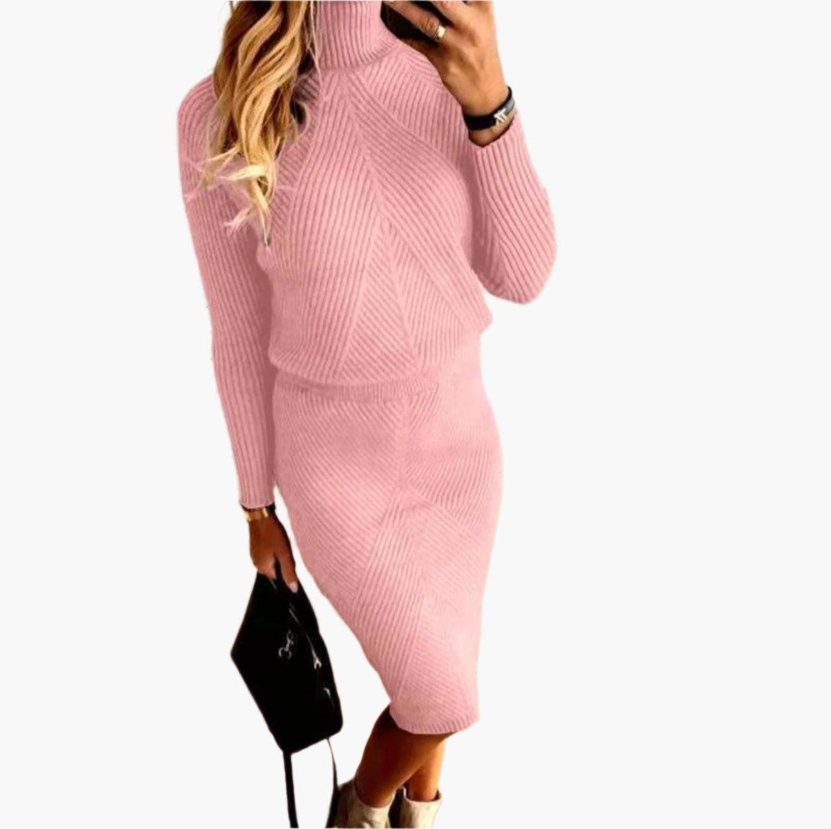 Women's ribbed knit co-ord set with roll neck jumper and midi skirt in brown