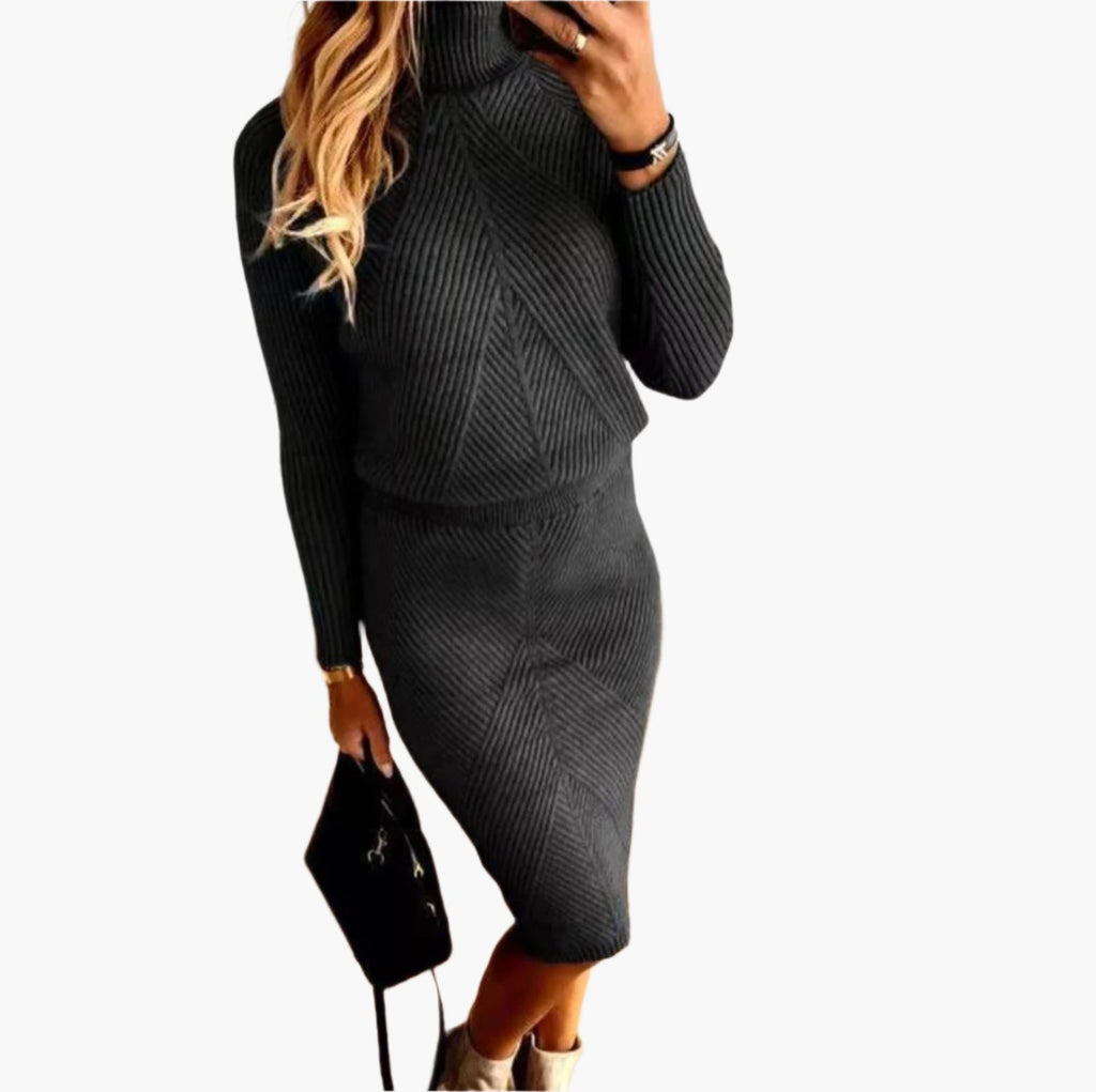 Women's ribbed knit co-ord set with roll neck jumper and midi skirt in brown