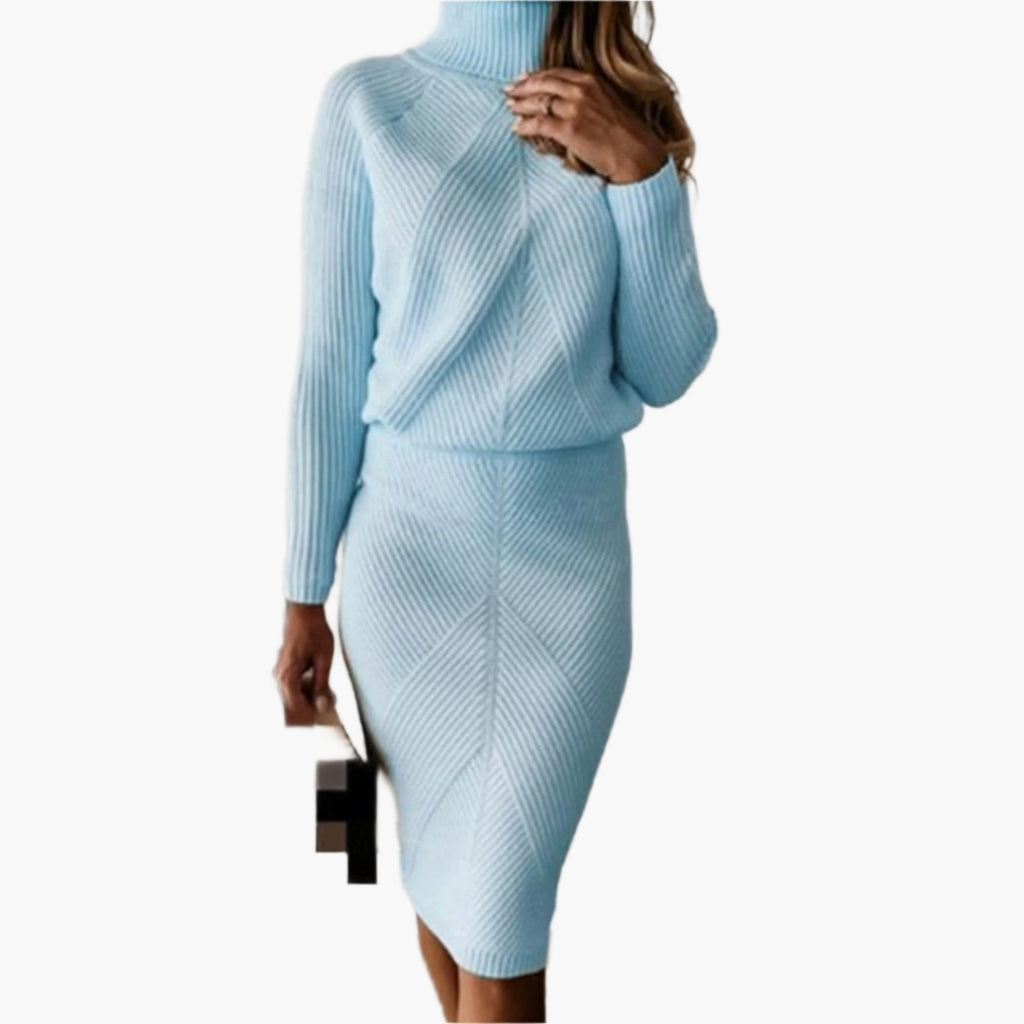 Women's ribbed knit co-ord set with roll neck jumper and midi skirt in brown